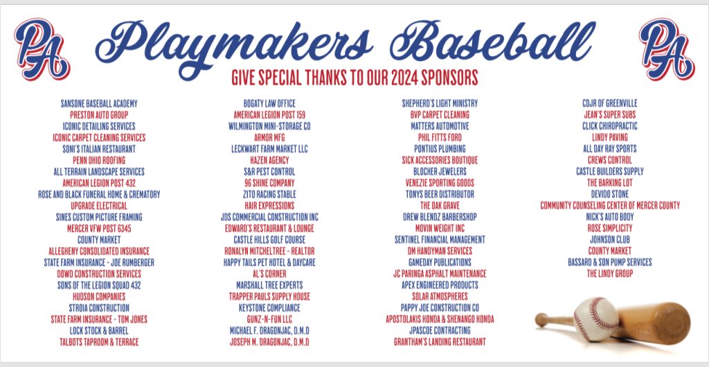 PA Playmakers Baseball Sponsors